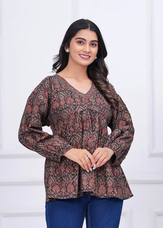 Black Ethnic Printed Peplum TopFor Women