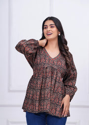 Black Ethnic Printed Peplum TopFor Women