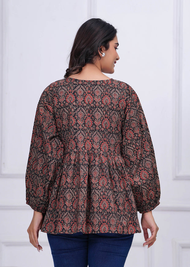 Black Ethnic Printed Peplum TopFor Women