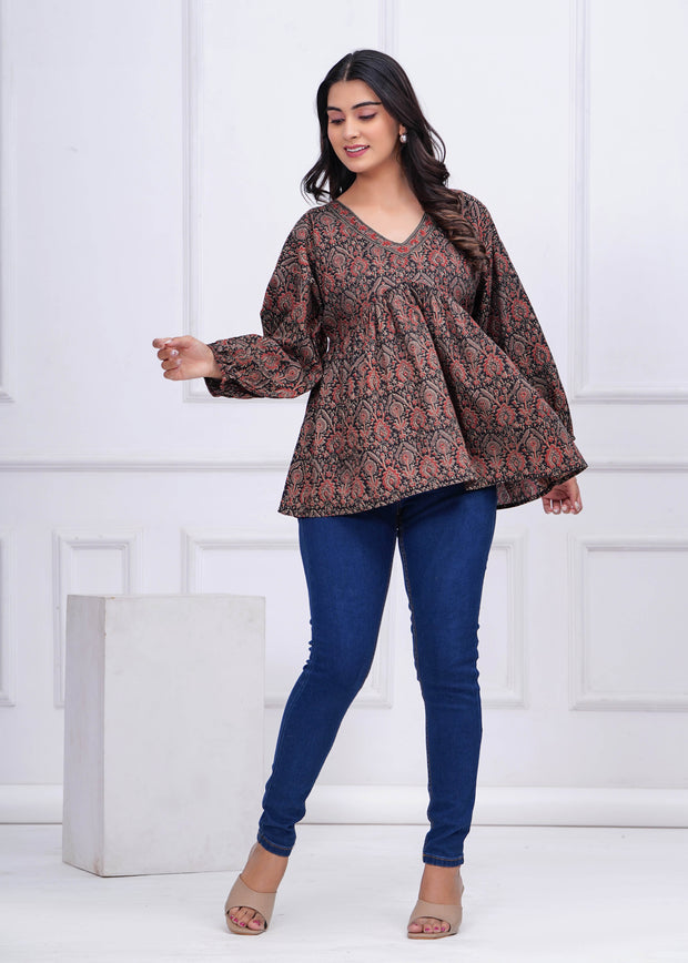 Black Ethnic Printed Peplum TopFor Women