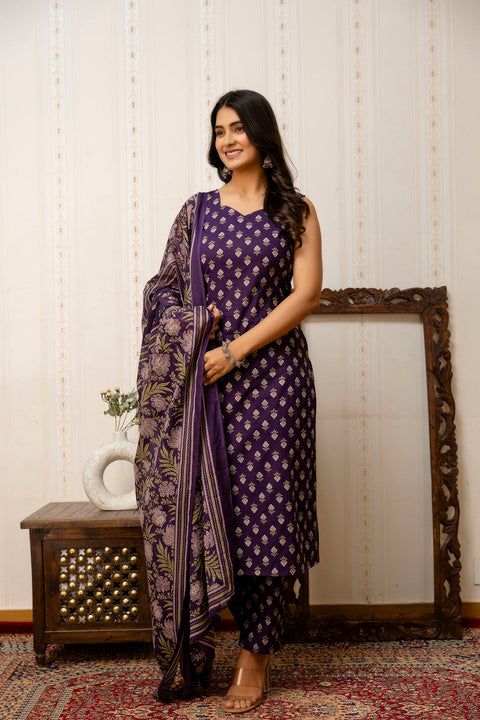 Purple Printed Straight Kurta & Trouser With Dupatta for Women