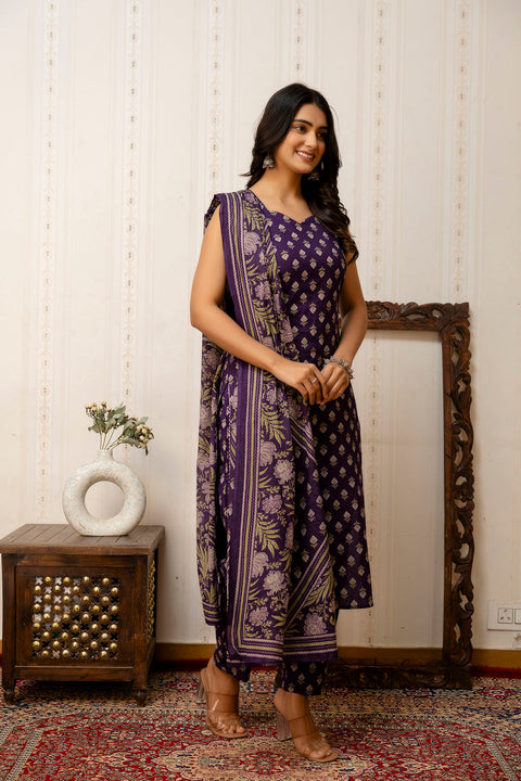 Purple Printed Straight Kurta & Trouser With Dupatta for Women