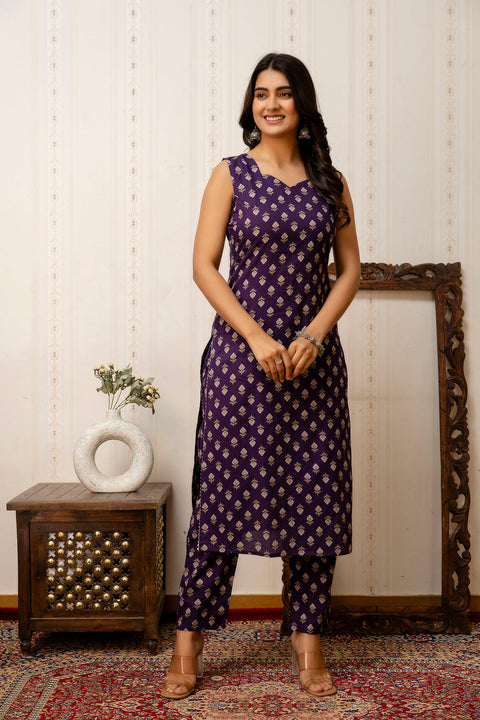 Purple Printed Straight Kurta & Trouser With Dupatta for Women