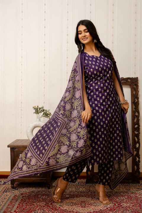 Purple Printed Straight Kurta & Trouser With Dupatta for Women