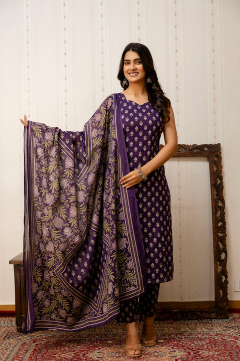 Purple Printed Straight Kurta & Trouser With Dupatta for Women