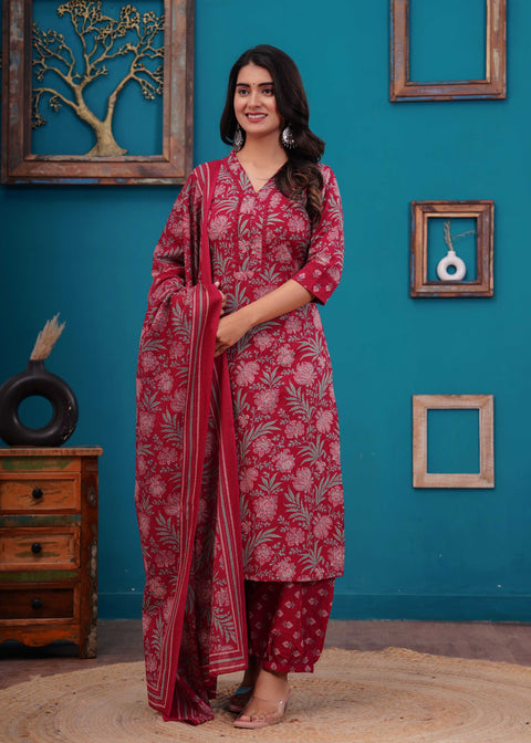 Pink Printed Straight Kurta Set With Dupatta for Women