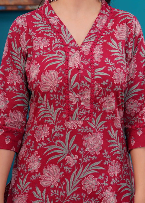 Pink Printed Straight Kurta Set With Dupatta for Women