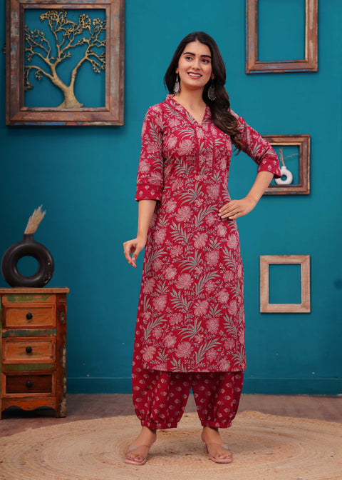 Pink Printed Straight Kurta Set With Dupatta for Women