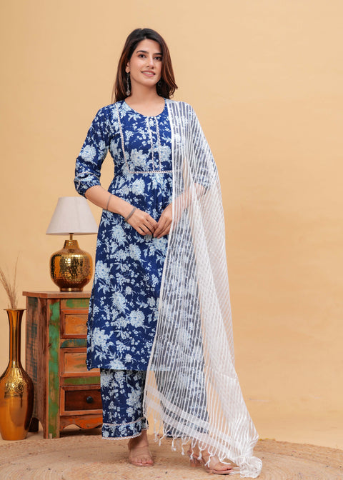 Indigo Blue Straight Kurta & Palazzo With Dupatta for Women