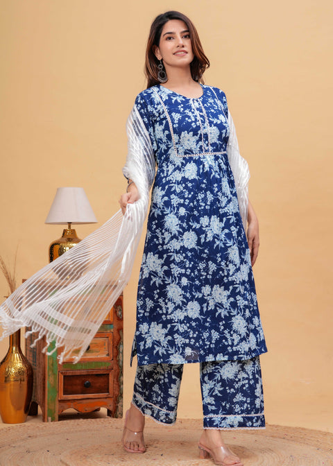Indigo Blue Straight Kurta & Palazzo With Dupatta for Women