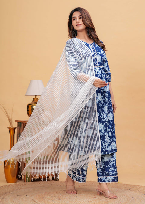 Indigo Blue Straight Kurta & Palazzo With Dupatta for Women