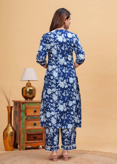 Indigo Blue Straight Kurta & Palazzo With Dupatta for Women