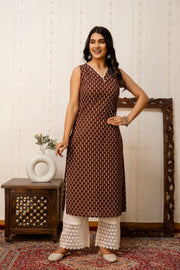 Women Brown Printed Straight V-neck Kurta