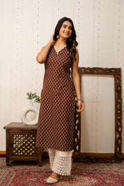 Women Brown Printed Straight V-neck Kurta