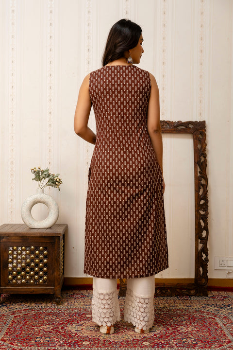 Women Brown Printed Straight V-neck Kurta