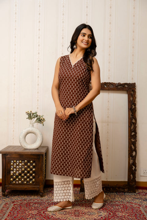 Women Brown Printed Straight V-neck Kurta