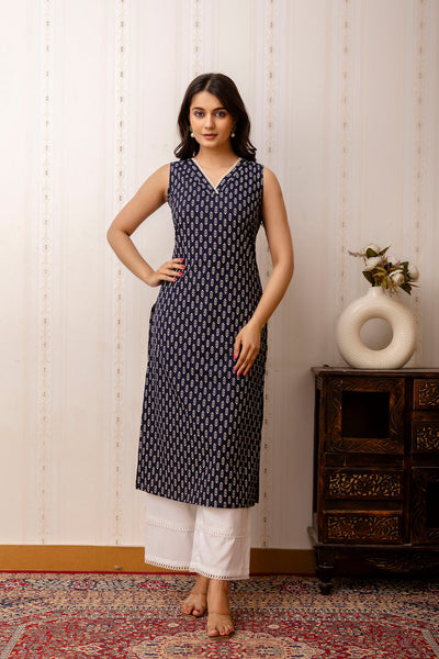 Women Navy Blue Printed Straight Shoulder Straps Kurta