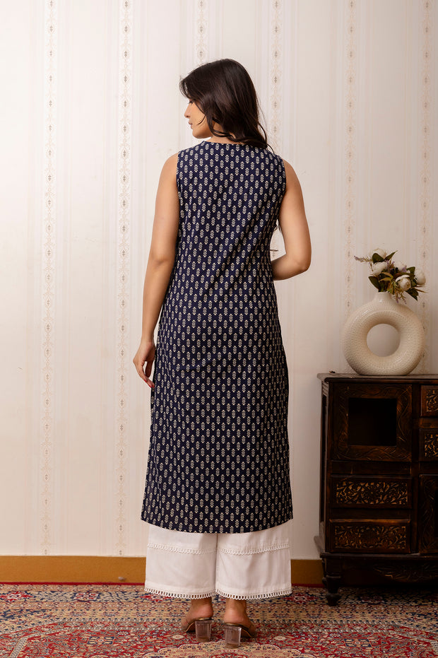 Women Navy Blue Printed Straight Shoulder Straps Kurta