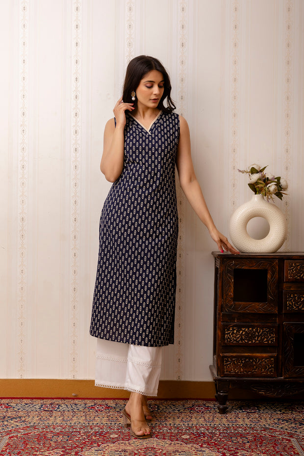Women Navy Blue Printed Straight Shoulder Straps Kurta
