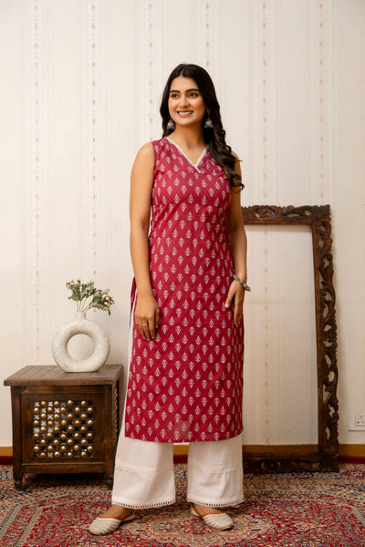 Women Mauve Printed Straight V-neck Kurta