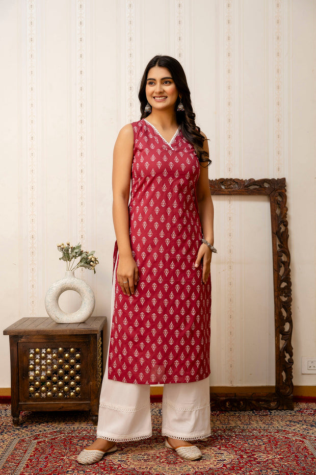 Women Mauve Printed Straight V-neck Kurta