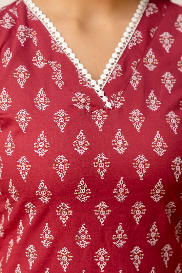 Women Mauve Printed Straight V-neck Kurta