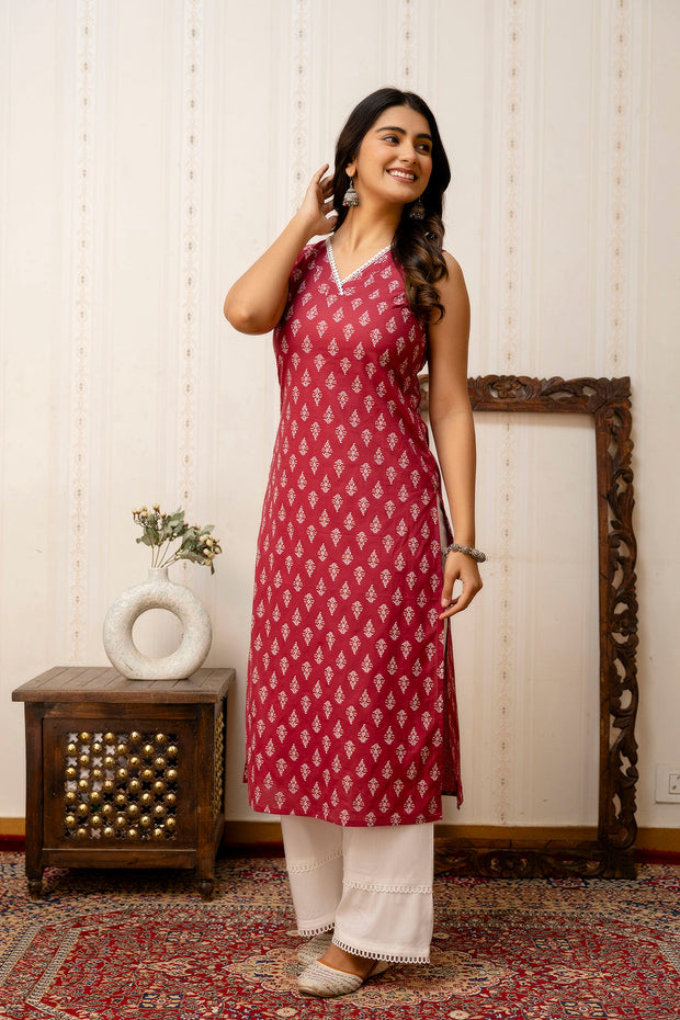 Women Mauve Printed Straight V-neck Kurta