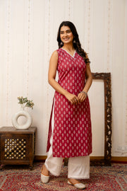 Women Mauve Printed Straight V-neck Kurta