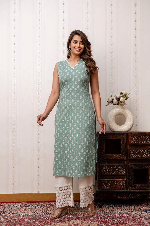 Women Green Printed Straight V-Neck Kurta
