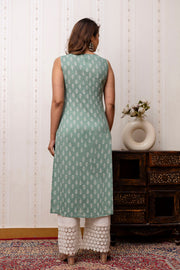 Women Green Printed Straight V-Neck Kurta