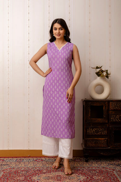 Women Purple Printed Straight Shoulder Straps Kurta