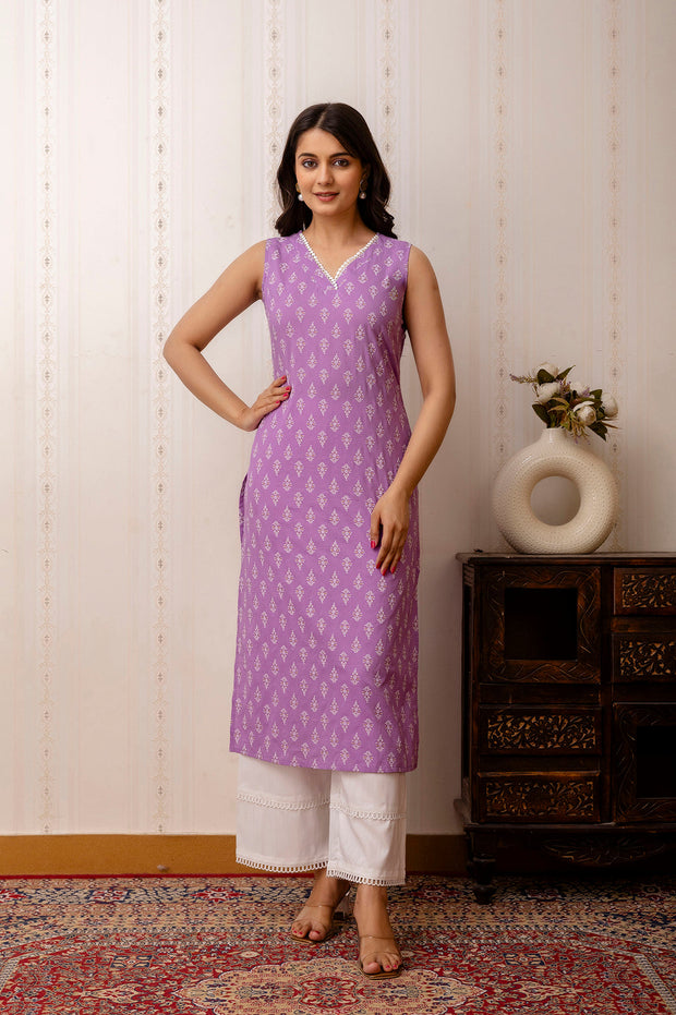 Women Purple Printed Straight Shoulder Straps Kurta