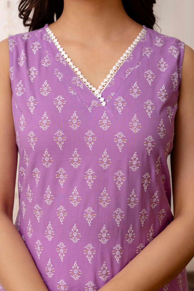 Women Purple Printed Straight Shoulder Straps Kurta
