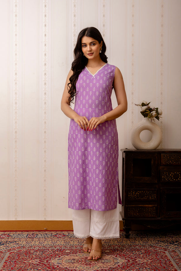 Women Purple Printed Straight Shoulder Straps Kurta