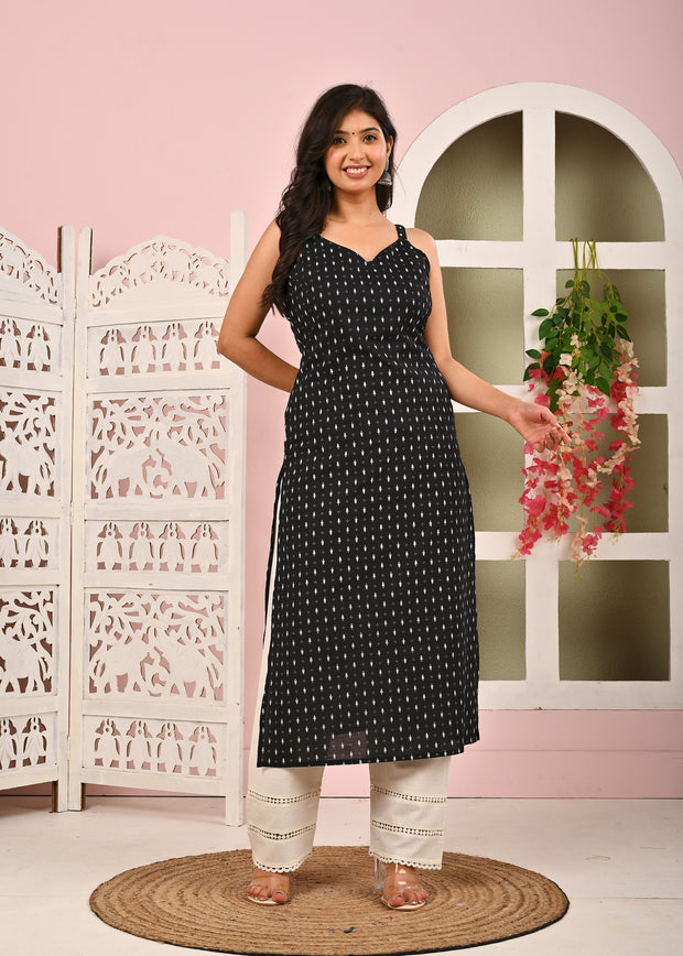 Women Black Printed Straight Shoulder Straps Kurta