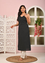 Women Black Printed Straight Shoulder Straps Kurta