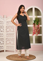 Women Black Printed Straight Shoulder Straps Kurta