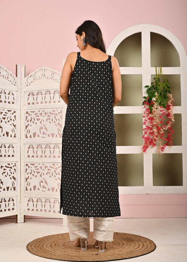 Women Black Printed Straight Shoulder Straps Kurta