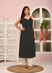 Women Black Printed Straight Shoulder Straps Kurta