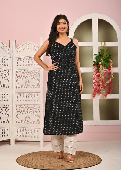 Women Black Printed Straight Shoulder Straps Kurta
