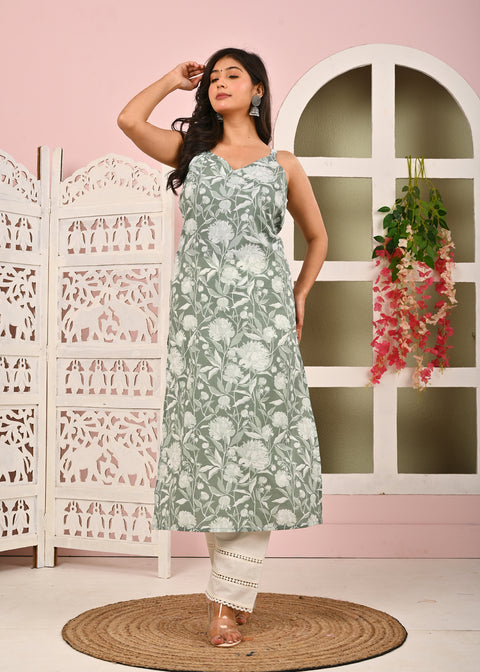 Women Green Printed Straight Shoulder Straps Kurta