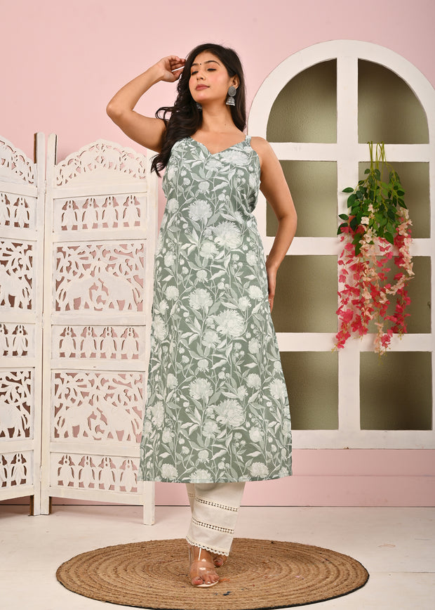 Women Green Printed Straight Shoulder Straps Kurta
