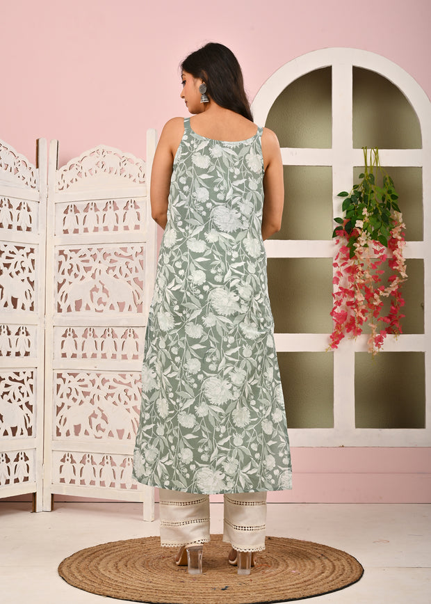 Women Green Printed Straight Shoulder Straps Kurta