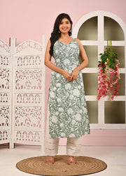 Women Green Printed Straight Shoulder Straps Kurta