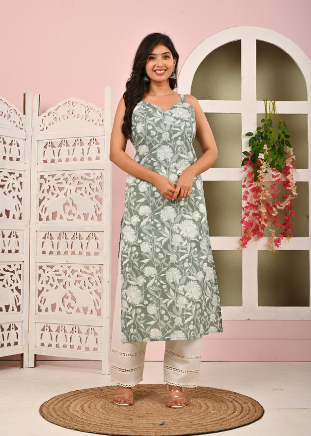 Women Green Printed Straight Shoulder Straps Kurta