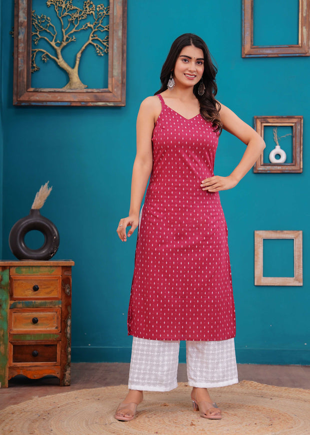 Women Pink Printed Straight Shoulder Straps Kurta