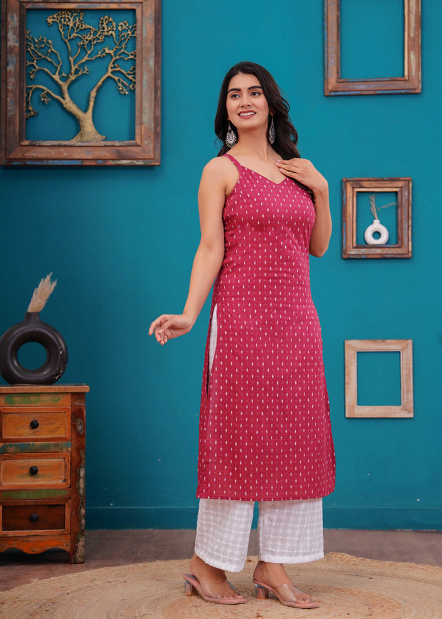 Women Pink Printed Straight Shoulder Straps Kurta