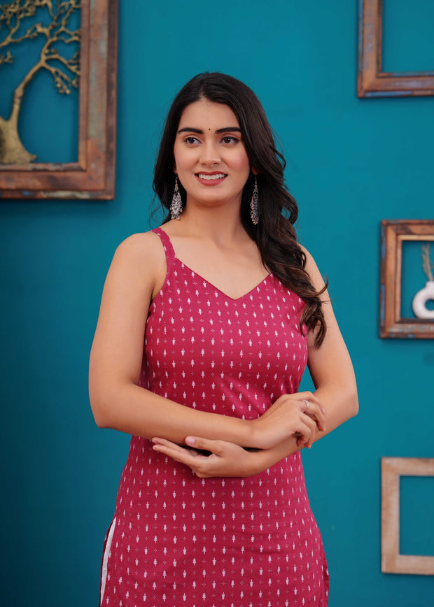 Women Pink Printed Straight Shoulder Straps Kurta