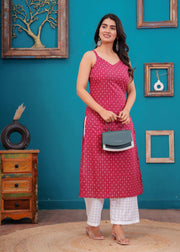 Women Pink Printed Straight Shoulder Straps Kurta
