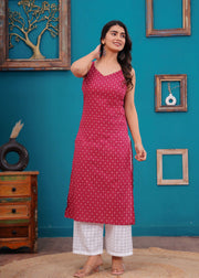 Women Pink Printed Straight Shoulder Straps Kurta